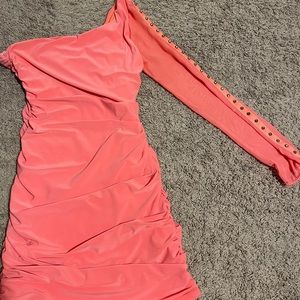 Coral one sleeve short cocktail dress